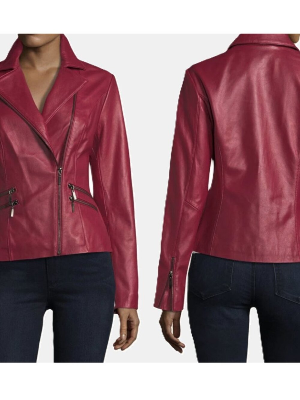 Neiman Marcus The Leather Collection Zip Pockets Moto Jacket Cherry Wine XL $585